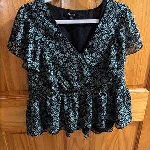 Madewell Black and Green Floral Blouse